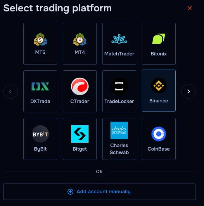 TraderWaves Binance platform selection screen