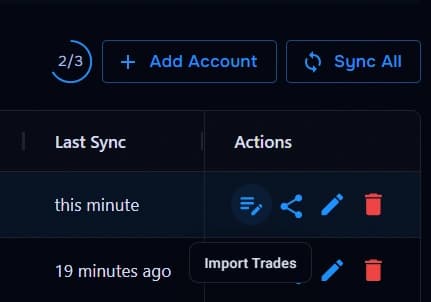 TraderWaves Import Trades modal for manual accounts