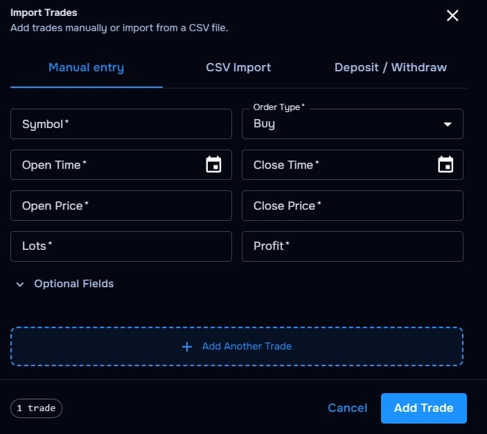 TraderWaves manual trade entry form