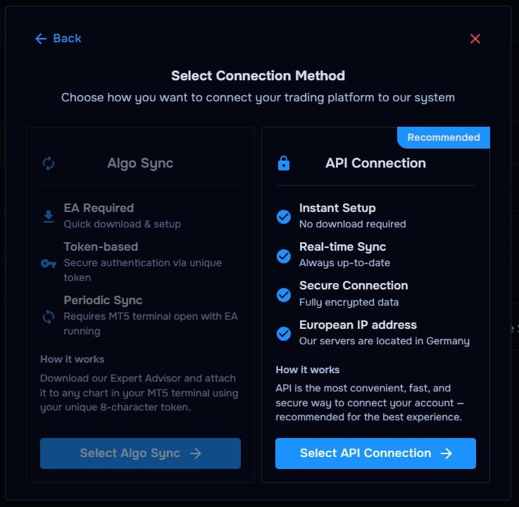 TraderWaves API connection setup screen