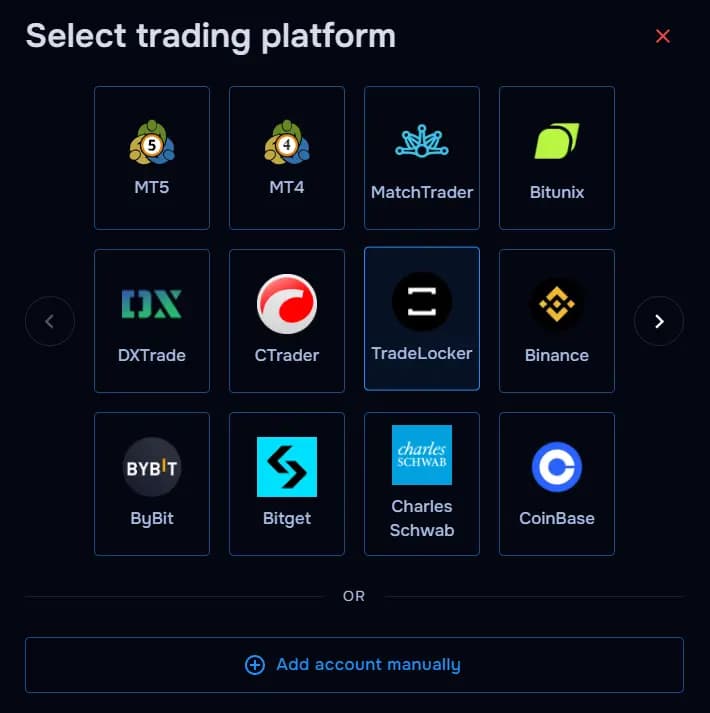 TraderWaves TradeLocker platform selection screen