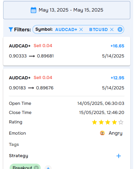 Mobile view of trade journal
