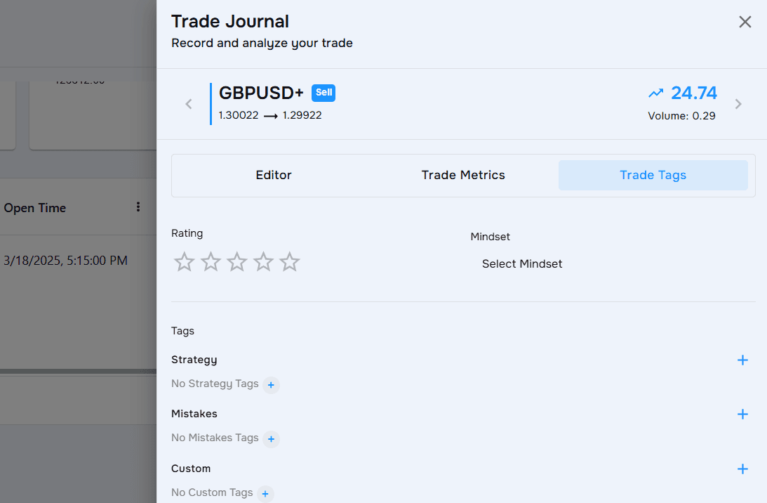 TraderWaves trade journal editor showing tag options and notes input for a daily trade.