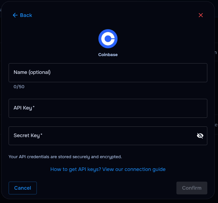 TraderWaves Coinbase API key and secret key form