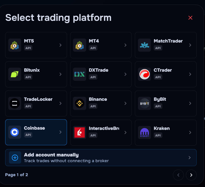 TraderWaves Coinbase platform selection screen