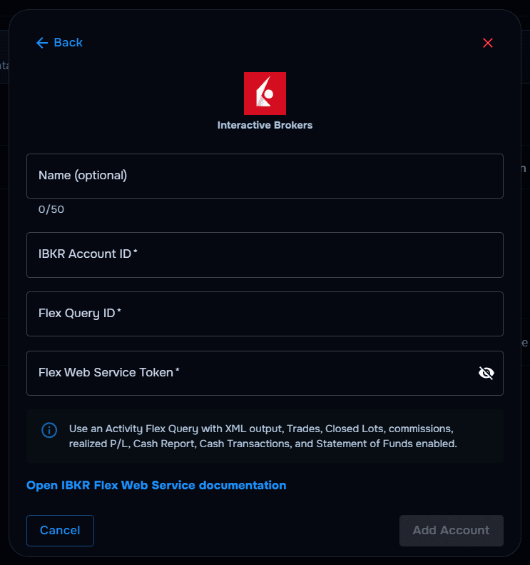 TraderWaves Interactive Brokers account ID, Flex Query ID, and token form