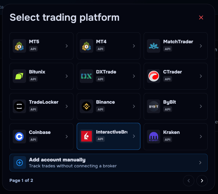 TraderWaves Interactive Brokers platform selection screen