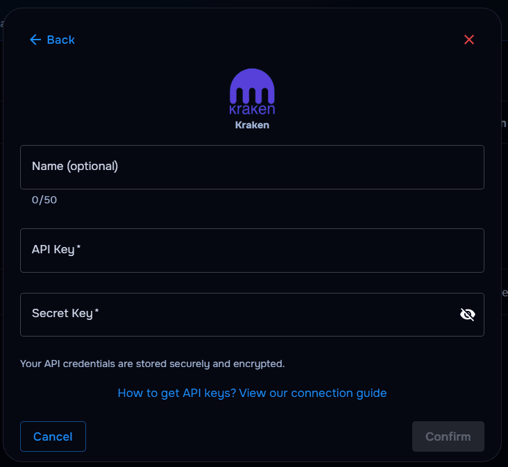 TraderWaves Kraken API key and secret key form