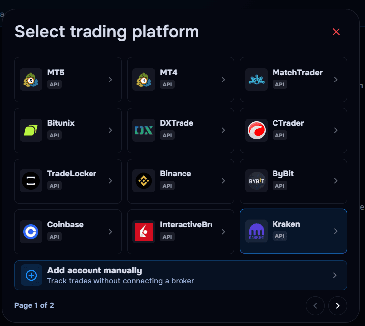 TraderWaves Kraken platform selection screen