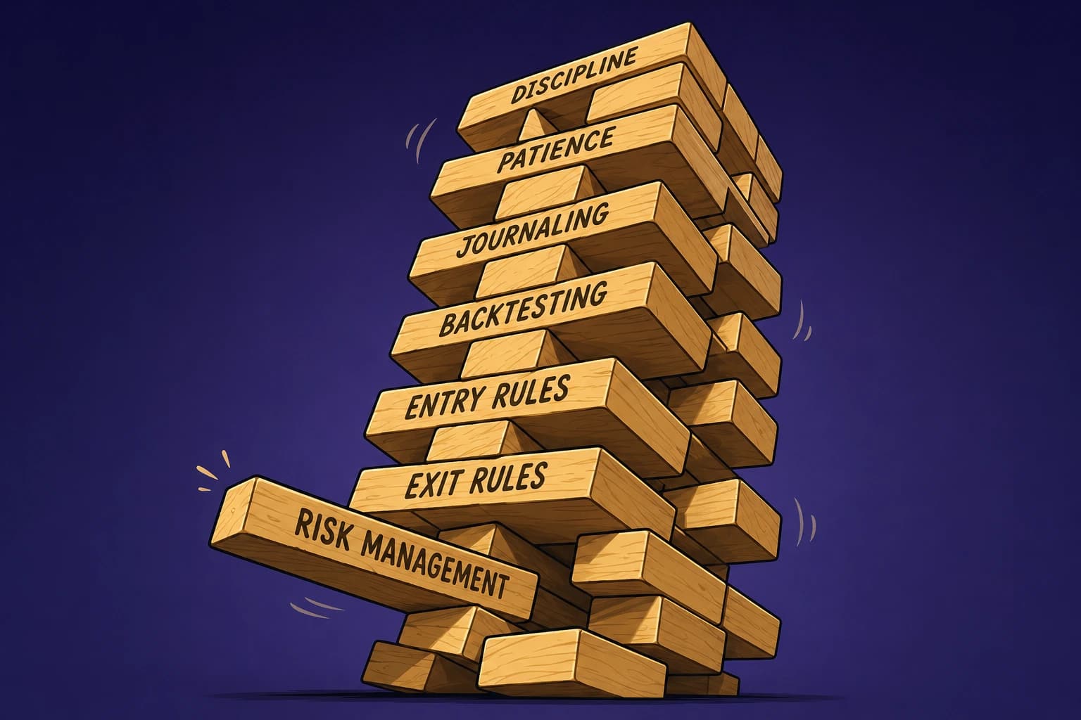 Trading strategy tower of labeled blocks collapsing when the risk management foundation is pulled out